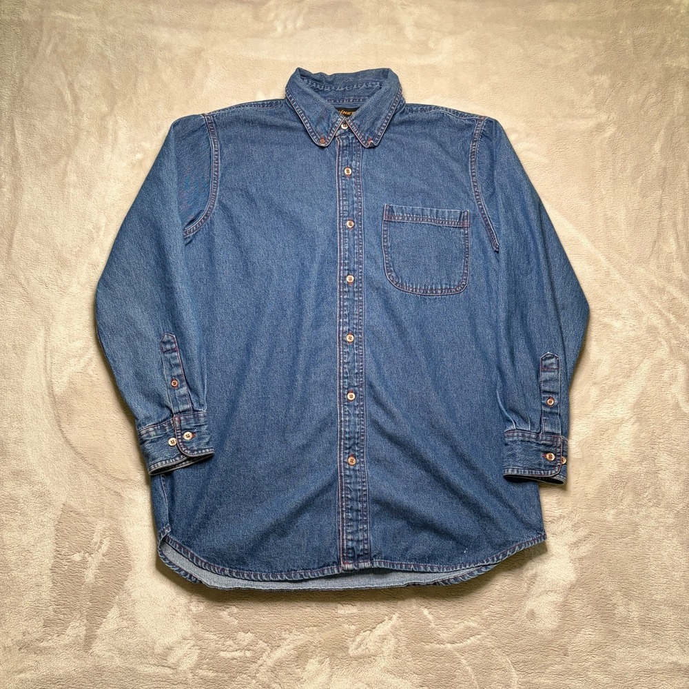 Vtg Chinetti Denim Button Down Shirt Mens M Blue Red Stitch Long Sleeve Workwear